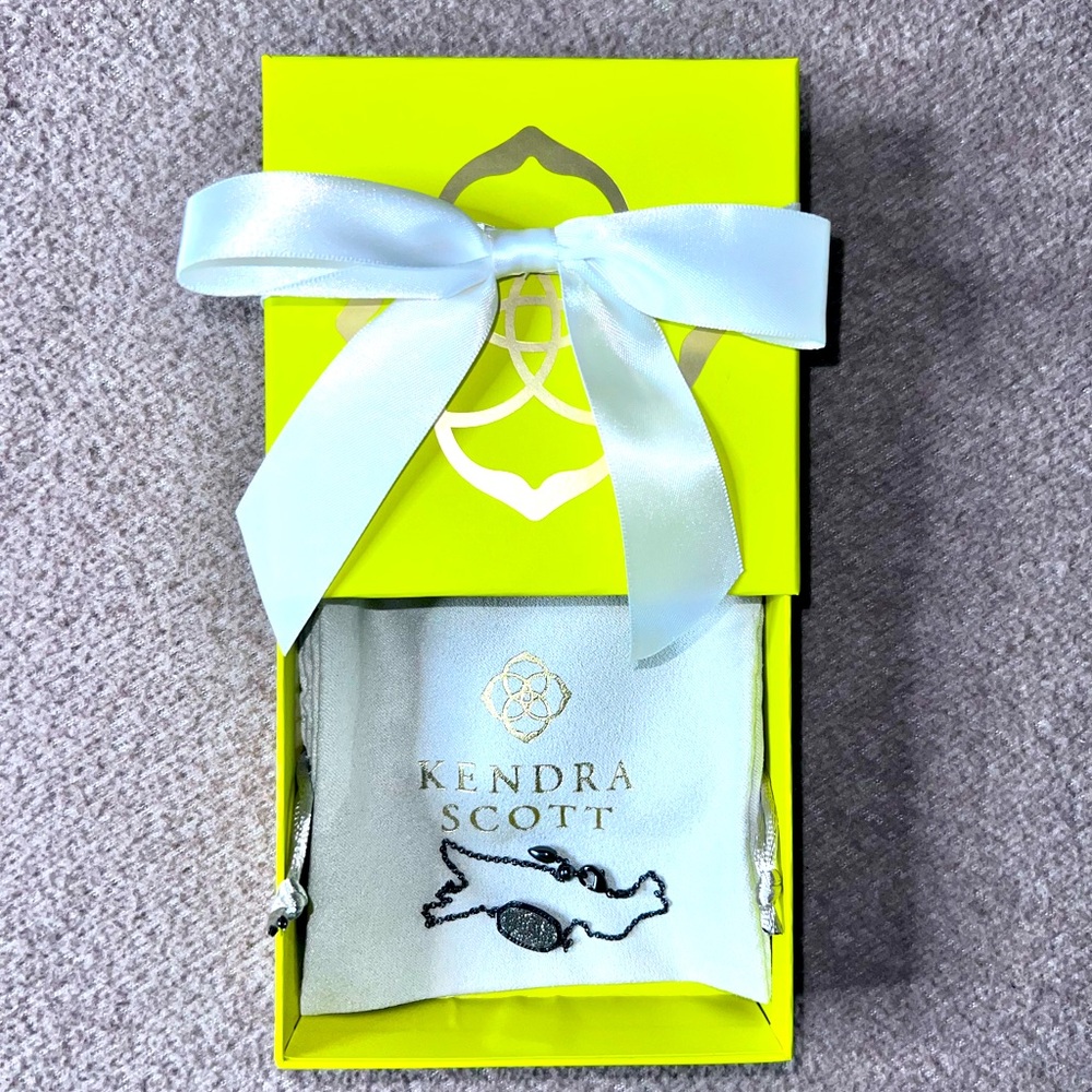 Kendra Scott Elaina Gunmetal Adjustable Chain Bracelet in Black Drusy with Box